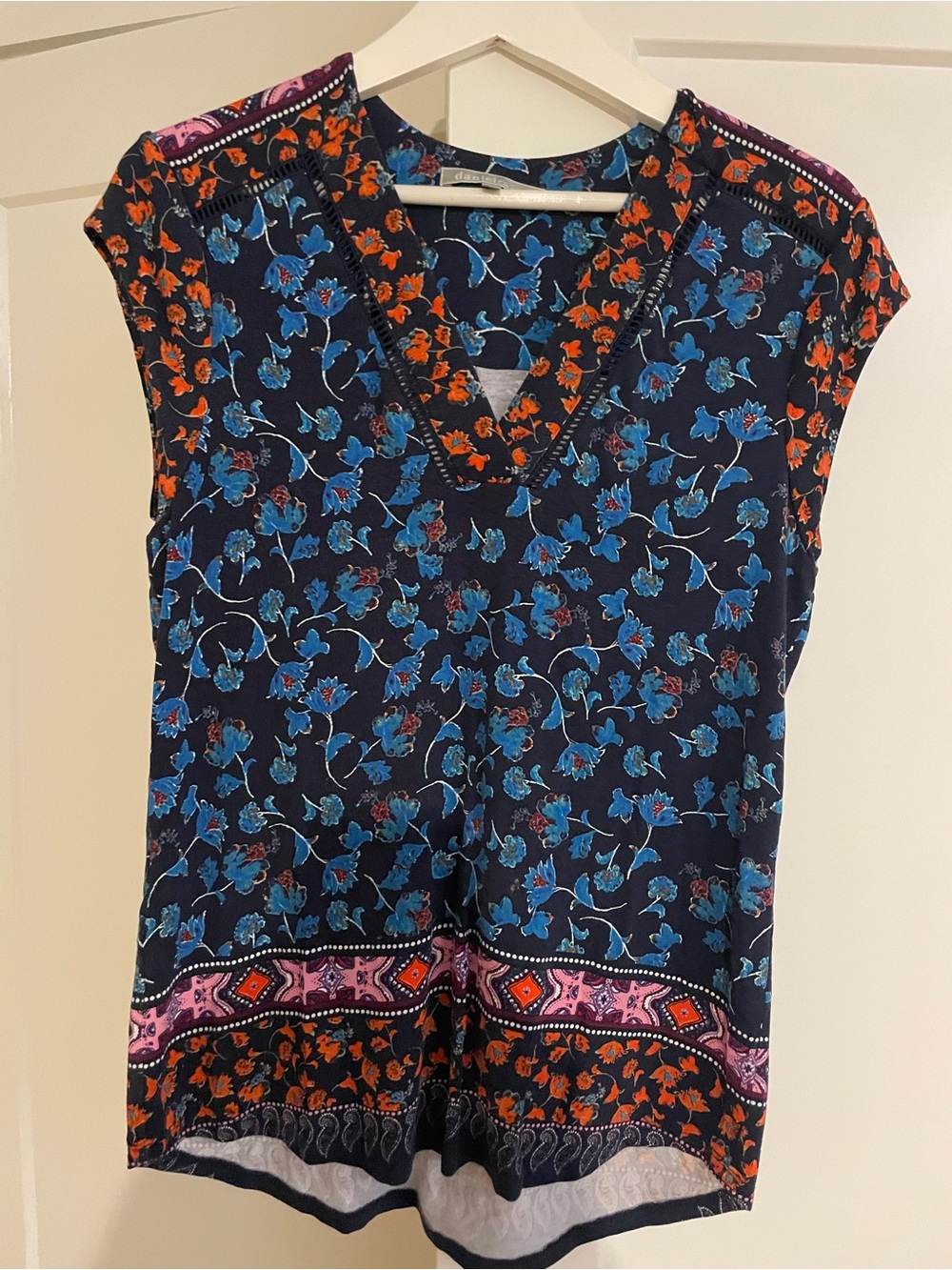 Daniel Rainn Navy V-Neck Floral Camisole with Blue and Orange Print